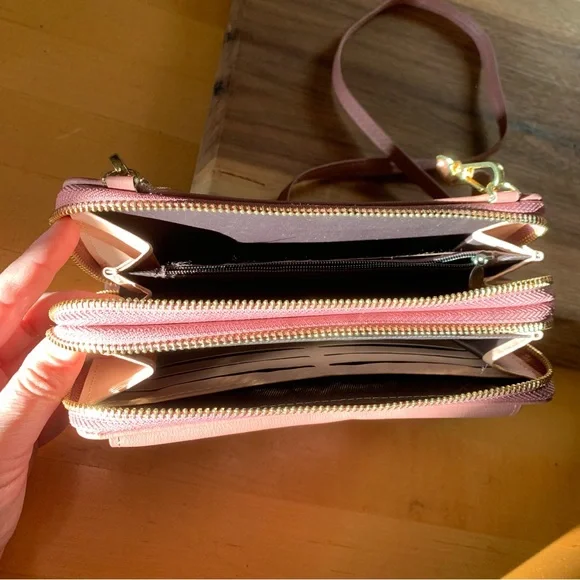 Pink Faux Leather Crossbody Ziparound Wallet Purse Bag Gold Hardware - Picture 7 of 10